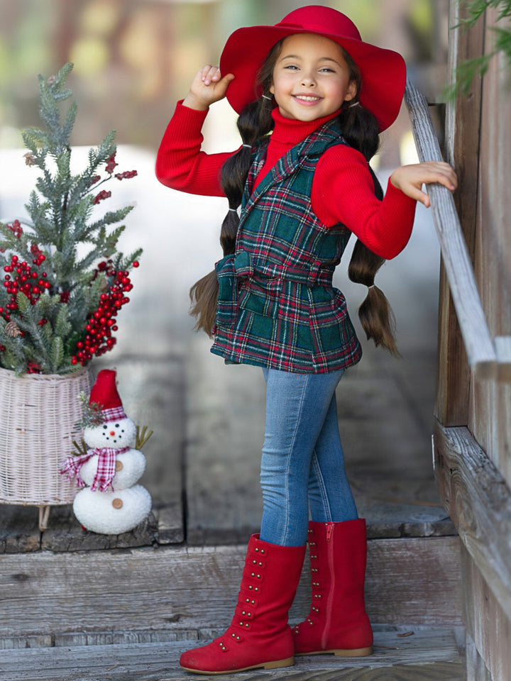 Festive Flair Plaid Belted Vest and Red Turtleneck Top Set Mia Belle Girls