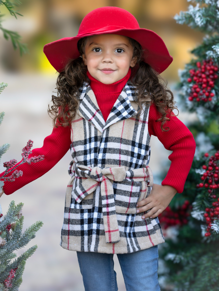 Chic Cozy Tan Plaid Belted Vest and Red Turtleneck Top Set Mia Belle Girls