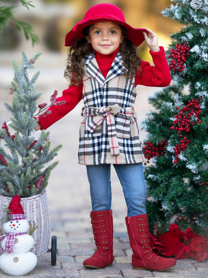 Chic Cozy Tan Plaid Belted Vest and Red Turtleneck Top Set Mia Belle Girls