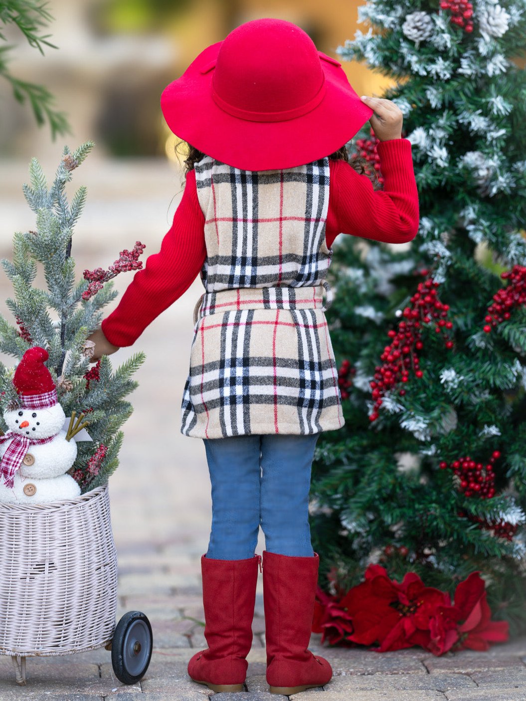 Chic Cozy Tan Plaid Belted Vest and Red Turtleneck Top Set Mia Belle Girls