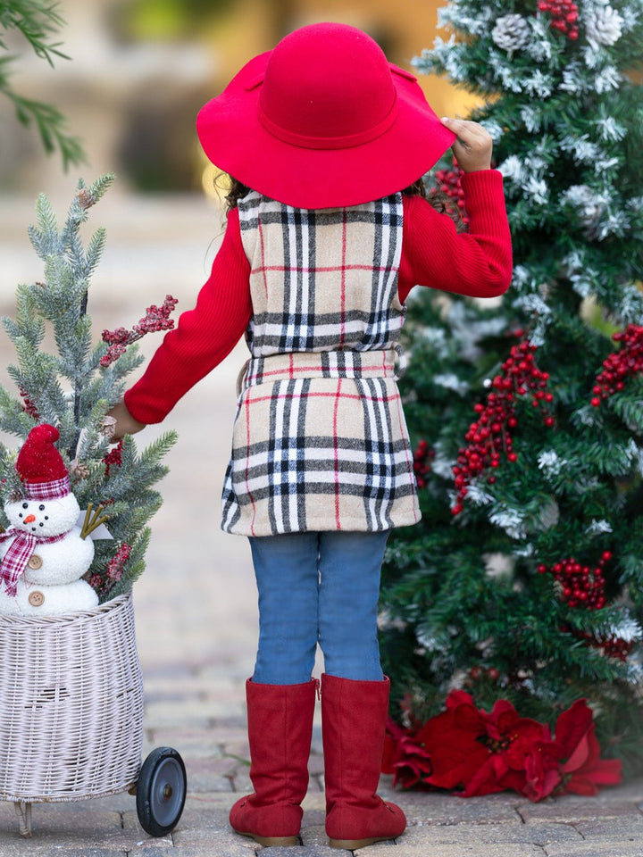 Chic Cozy Tan Plaid Belted Vest and Red Turtleneck Top Set Mia Belle Girls