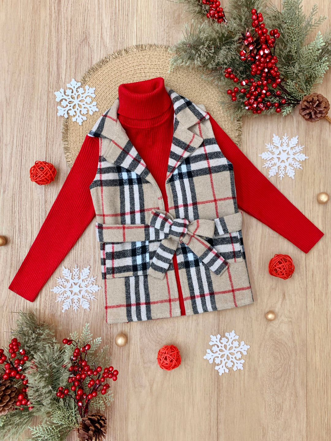 Chic Cozy Tan Plaid Belted Vest and Red Turtleneck Top Set Mia Belle Girls