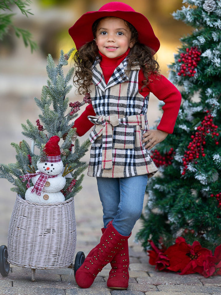 Chic Cozy Tan Plaid Belted Vest and Red Turtleneck Top Set Mia Belle Girls