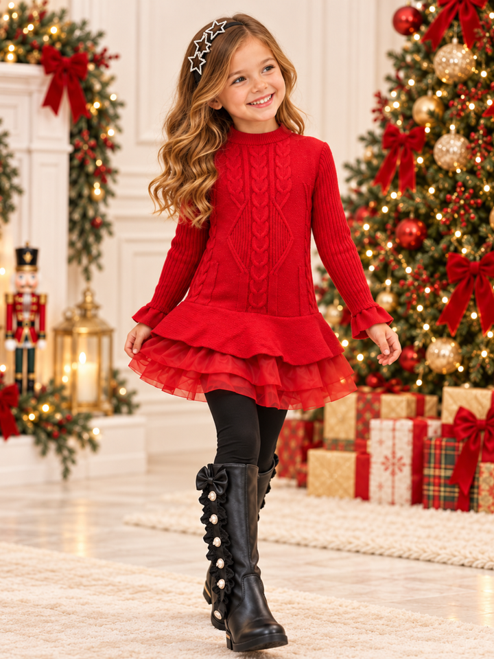 Girls Red Cable Knit Tutu Sweater Tunic