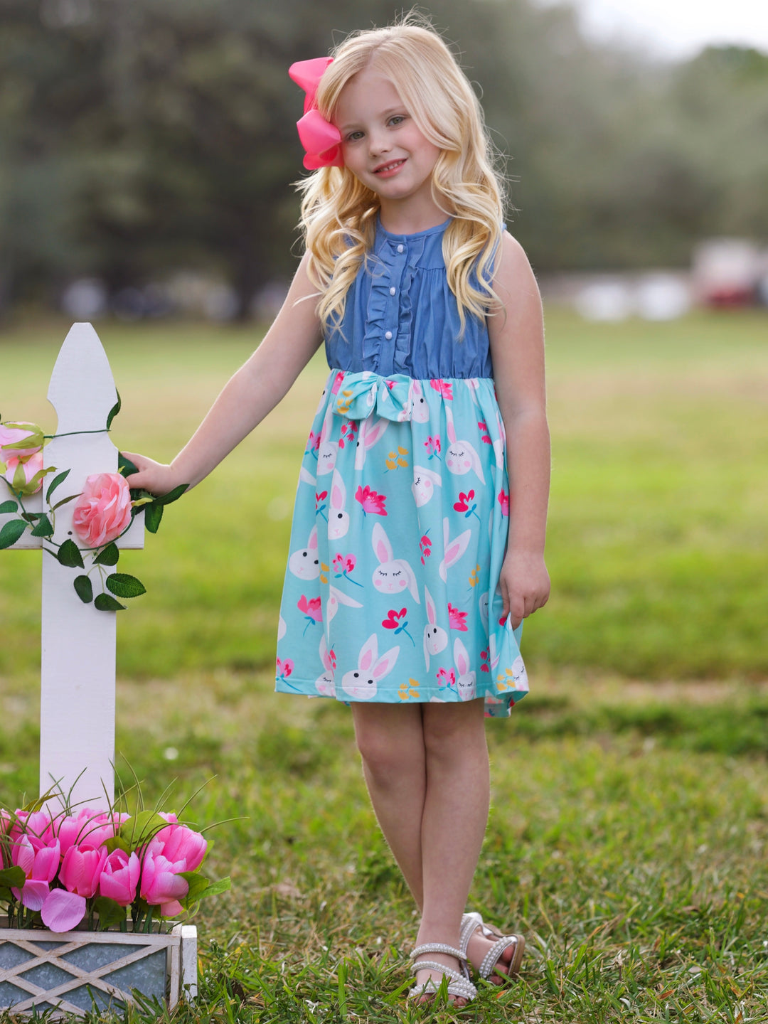 Bunny Bows Chambray Easter Dress Mia Belle Girls