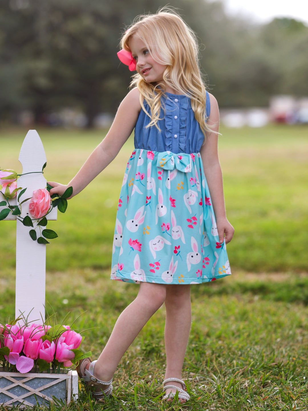 Bunny Bows Chambray Easter Dress Mia Belle Girls