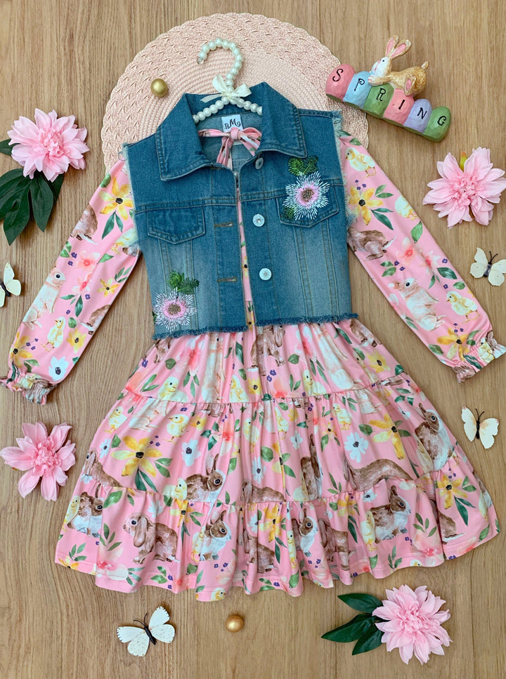 Mia Belle Girls Denim Vest And Floral Dress Set | Girls Easter Sets