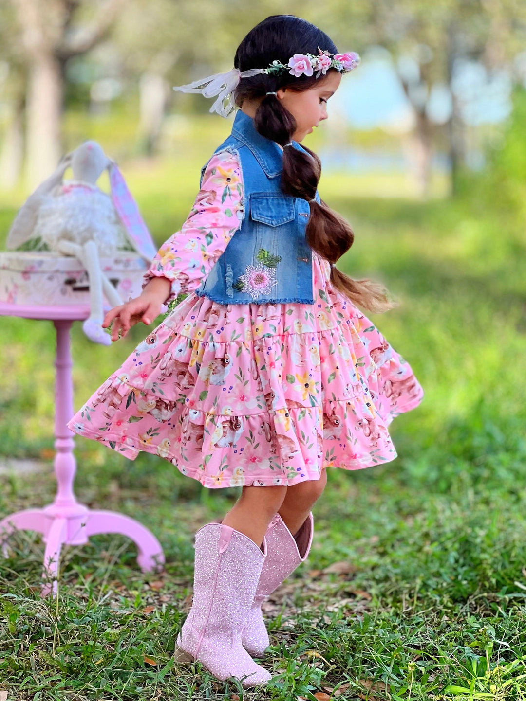 Mia Belle Girls Denim Vest And Floral Dress Set | Girls Easter Sets