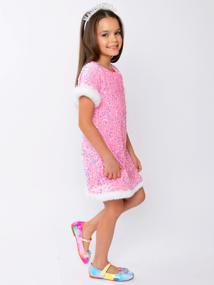 Sparkle & Shine Pink Sequined Fur Dress Mia Belle Girls
