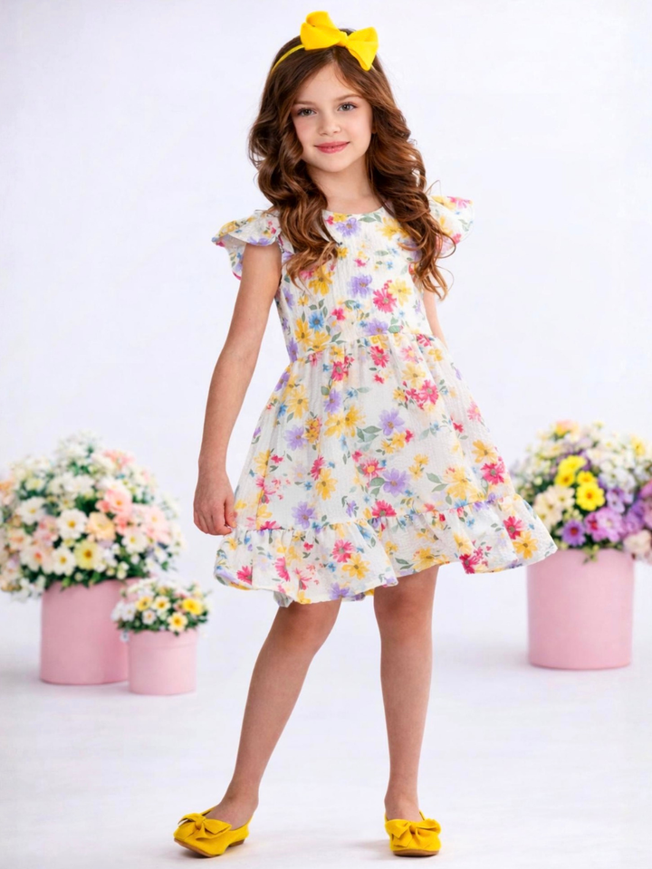 Girl wearing pastel floral dress with ruffle skirt for spring celebration