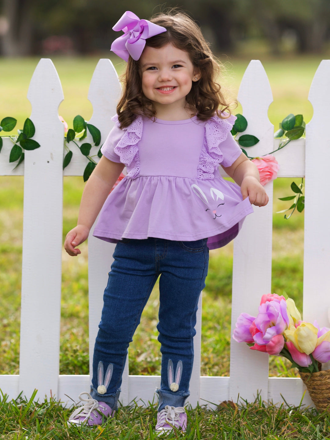 Lilac Bunny Top and Embroidered Denim Set Mia Belle Girls