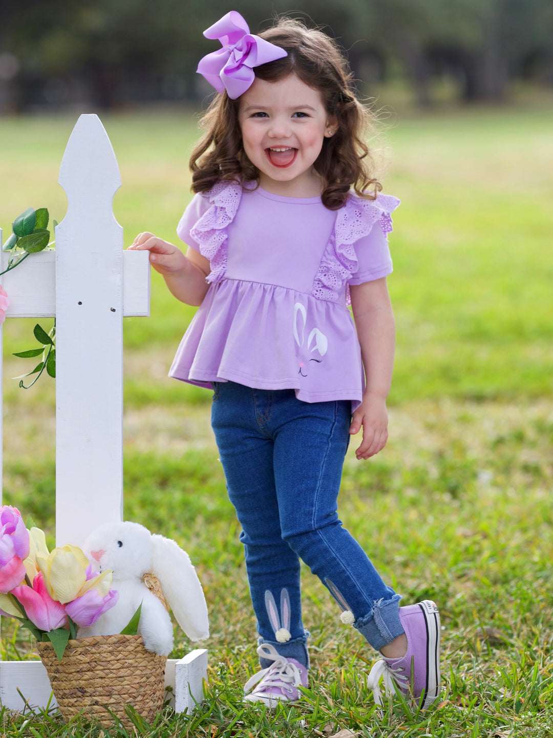 Lilac Bunny Top and Embroidered Denim Set Mia Belle Girls