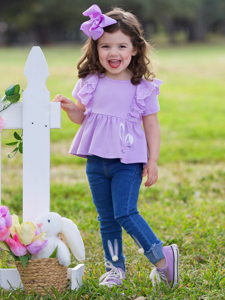 Lilac Bunny Top and Embroidered Denim Set Mia Belle Girls