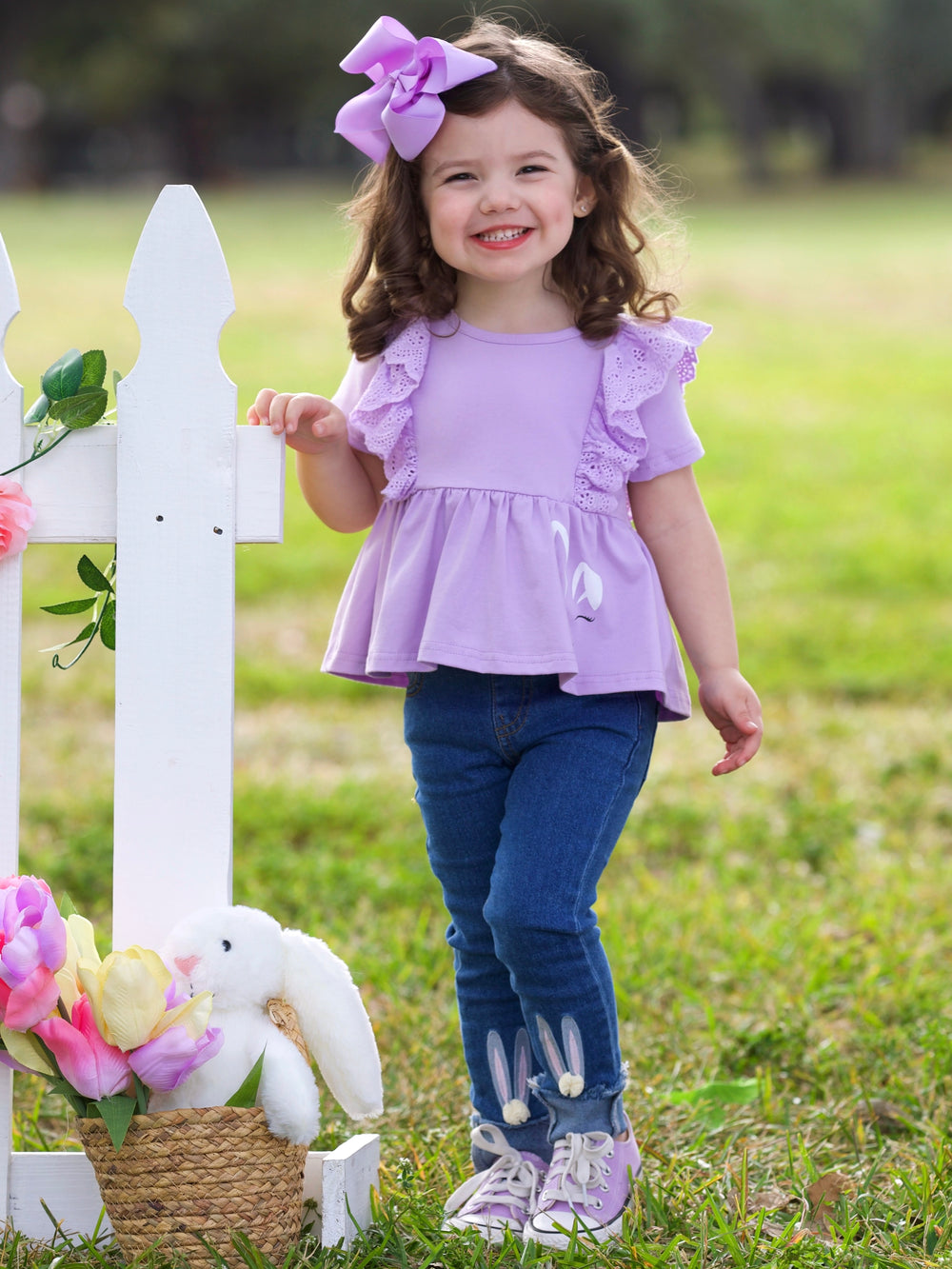 Lilac Bunny Top and Embroidered Denim Set Mia Belle Girls