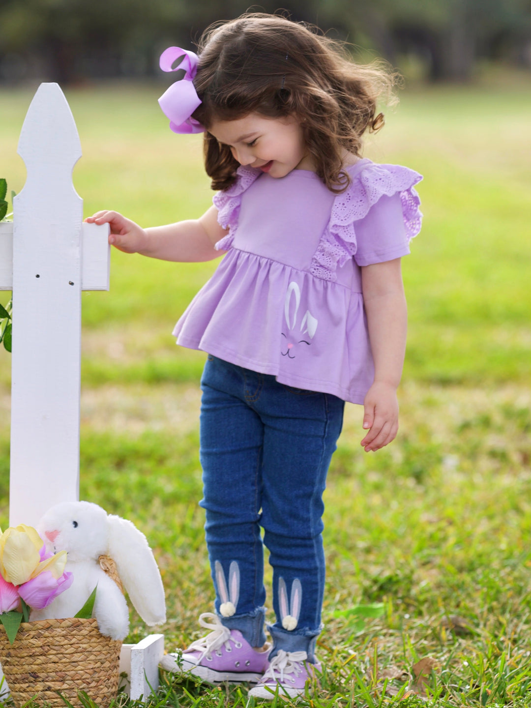 Lilac Bunny Top and Embroidered Denim Set Mia Belle Girls
