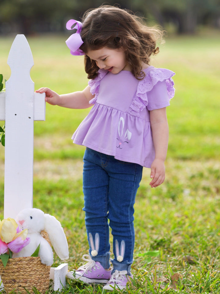 Lilac Bunny Top and Embroidered Denim Set Mia Belle Girls