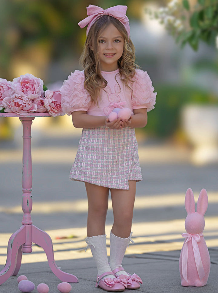 Mia Belle Girls Puff Sleeve And Plaid Skort Set | Girls Easter Sets