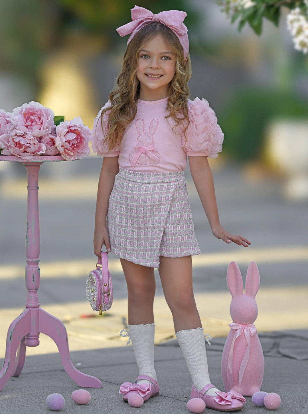 Mia Belle Girls Puff Sleeve And Plaid Skort Set | Girls Easter Sets