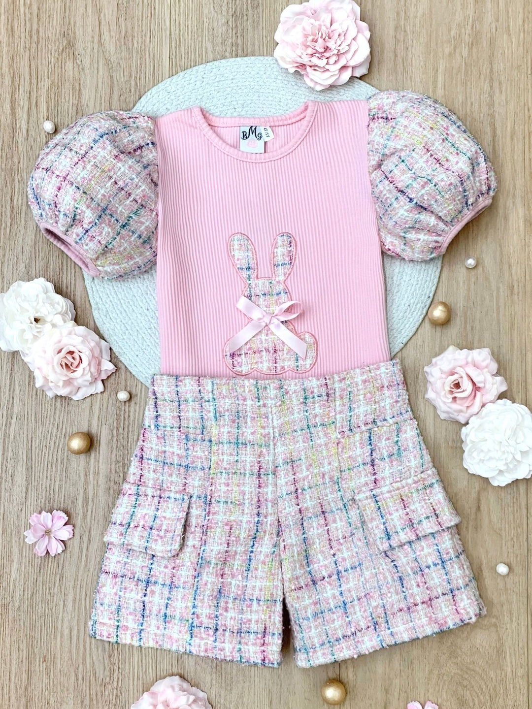 Chic Embroidered Bunny Top and Tweed Short Set