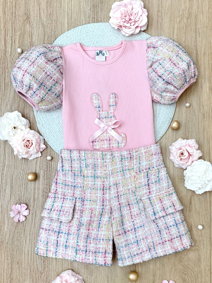 Chic Embroidered Bunny Top and Tweed Short Set