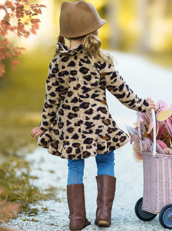 Kids Cardigans | Leopard Fleece Ruffle Cardigan | Mia Belle Girls
