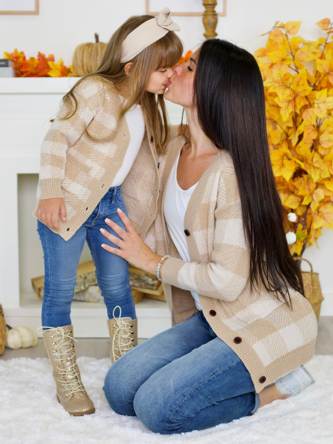 Mommy and Me Beige and White Checkered Oversized Cardigan Mia Belle Girls