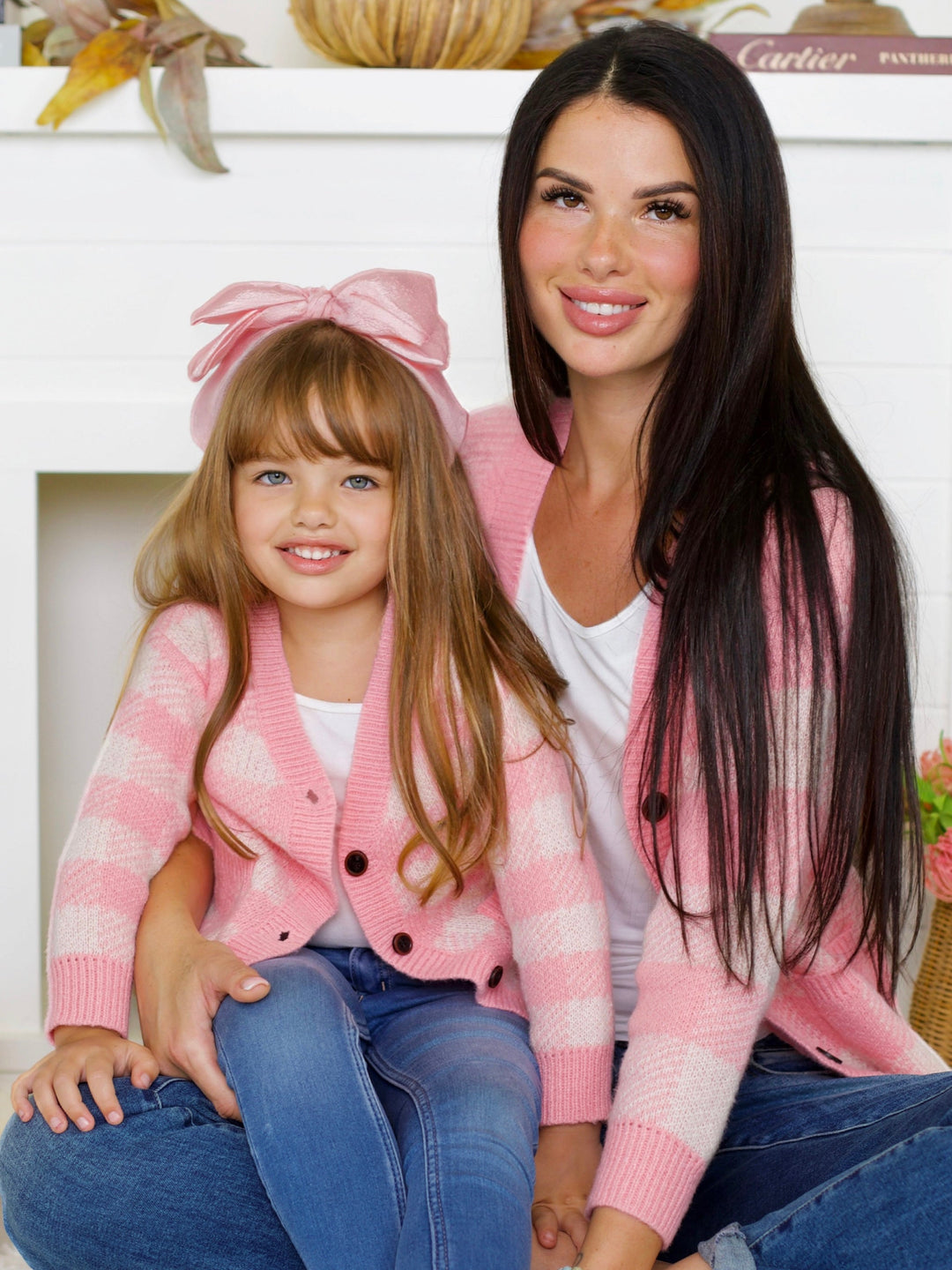 Mommy and Me Pink and White Checkered Oversized Cardigan Mia Belle Girls