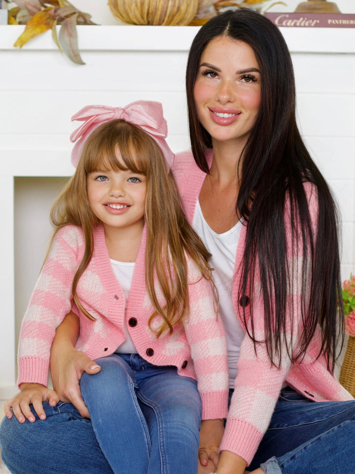 Mommy and Me Pink and White Checkered Oversized Cardigan Mia Belle Girls