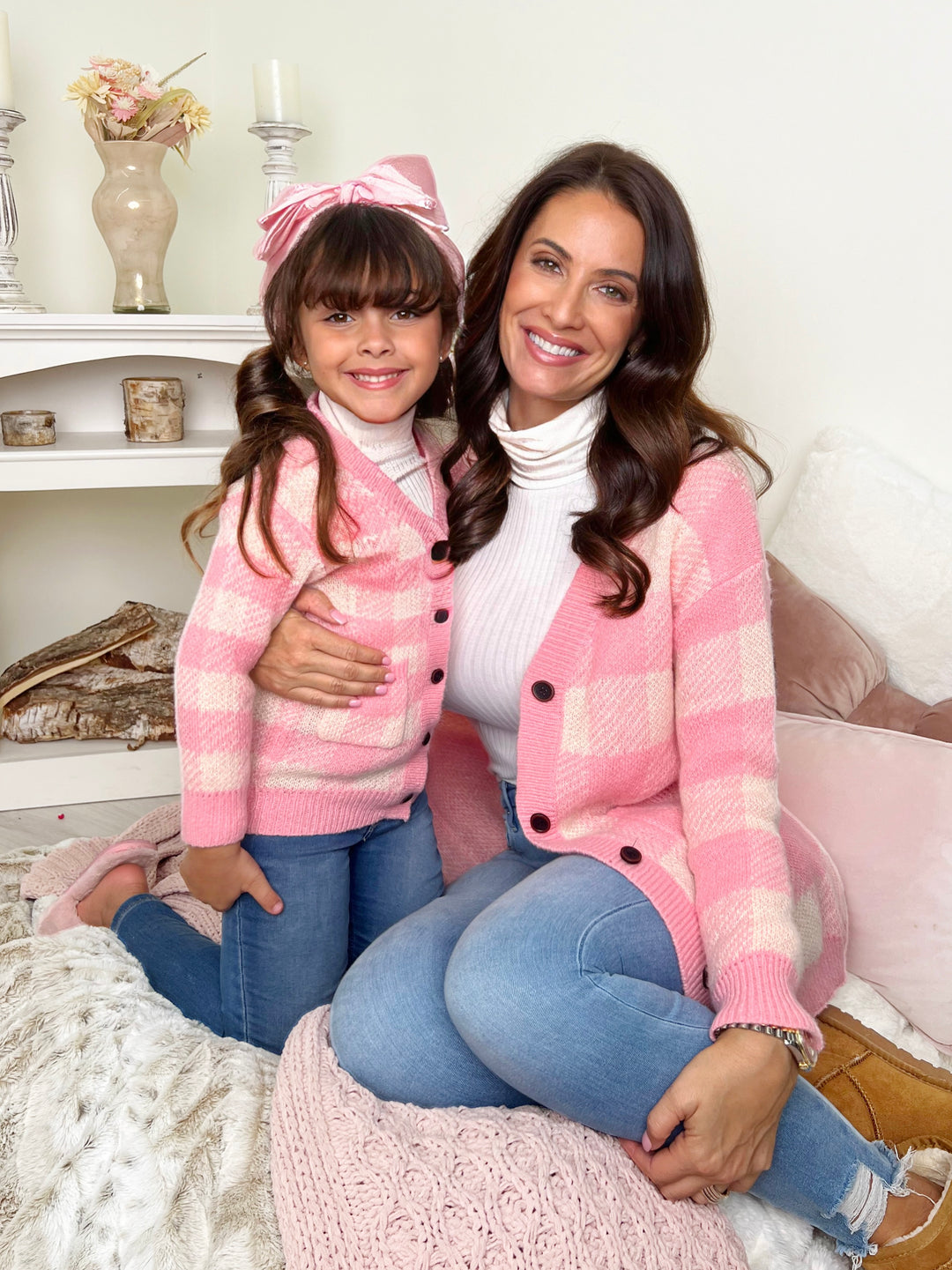 Mommy and Me Pink and White Checkered Oversized Cardigan Mia Belle Girls