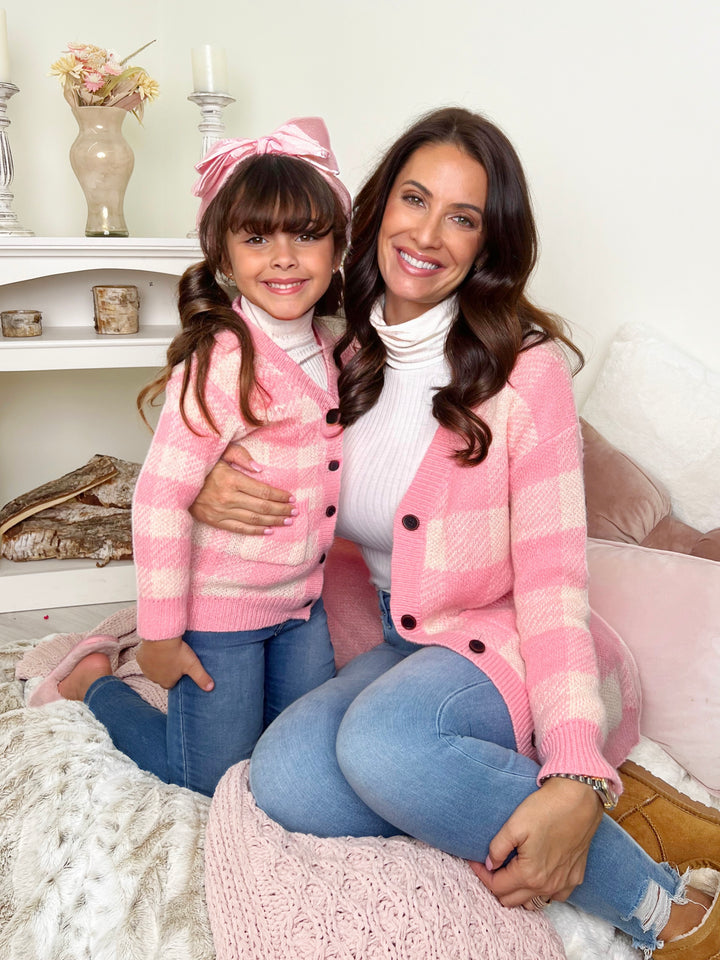 Mommy and Me Pink and White Checkered Oversized Cardigan Mia Belle Girls