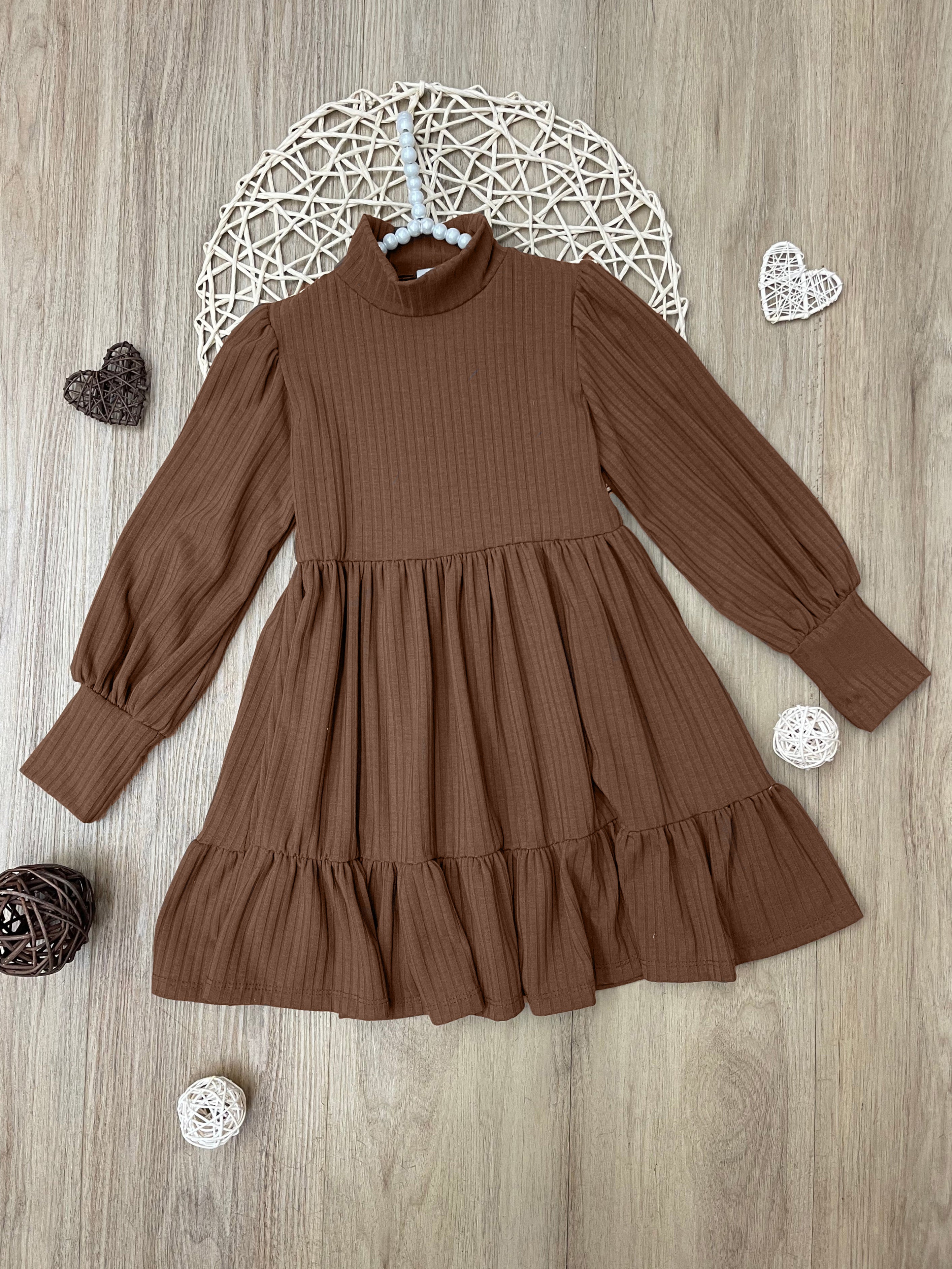 トップス BOTTOM MULTIPLE FRILL DRESS BROWN Brown Ribbed Long Sleeve Ruffle Dress – Mia Belle Girls