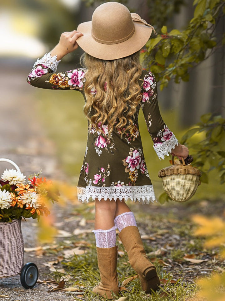 Little girls Fall boho long-sleeve Gaby-style dress with floral print and crochet lace collar, cuffs, and hem - Mia Belle Girls