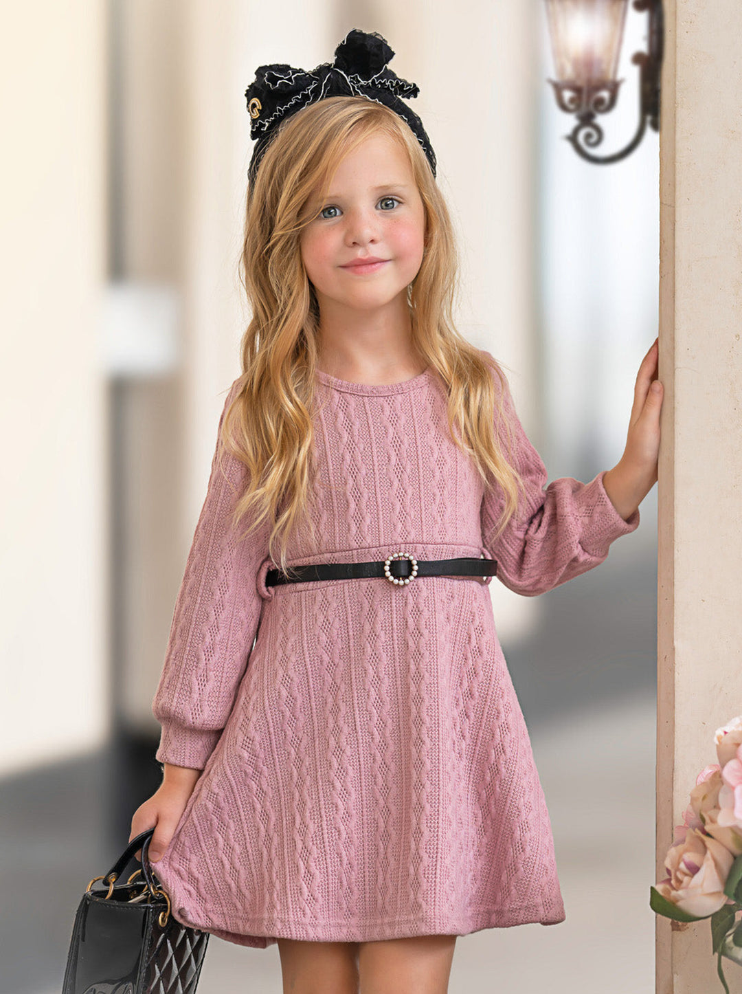 Pretty in Pink Cable Knit Belted Sweater Dress Mia Belle Girls