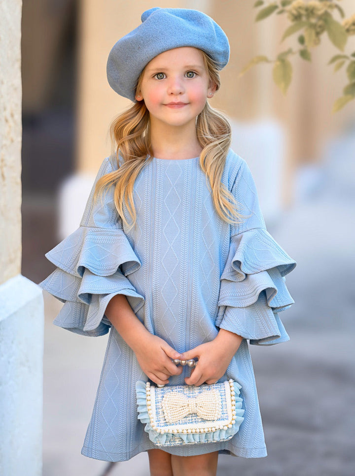 Charming Blue Ruffle Sleeve Cable Knit Sweater Dress Mia Belle Girls