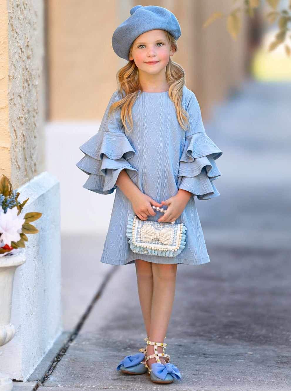 Charming Blue Ruffle Sleeve Cable Knit Sweater Dress Mia Belle Girls