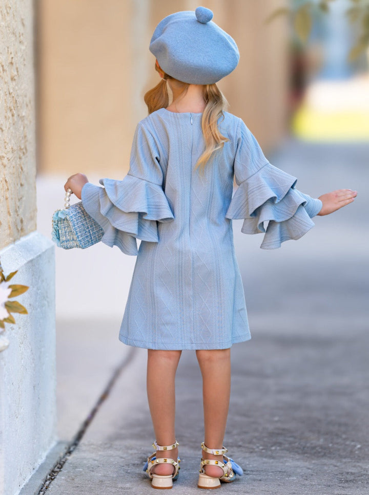 Charming Blue Ruffle Sleeve Cable Knit Sweater Dress Mia Belle Girls