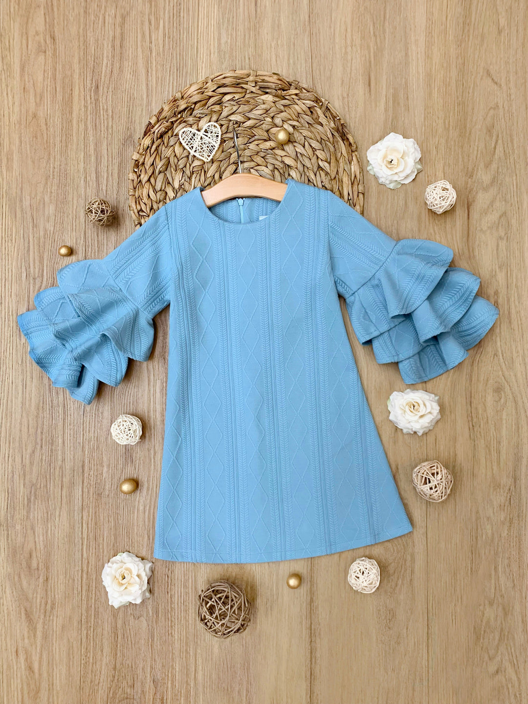 Charming Blue Ruffle Sleeve Cable Knit Sweater Dress Mia Belle Girls