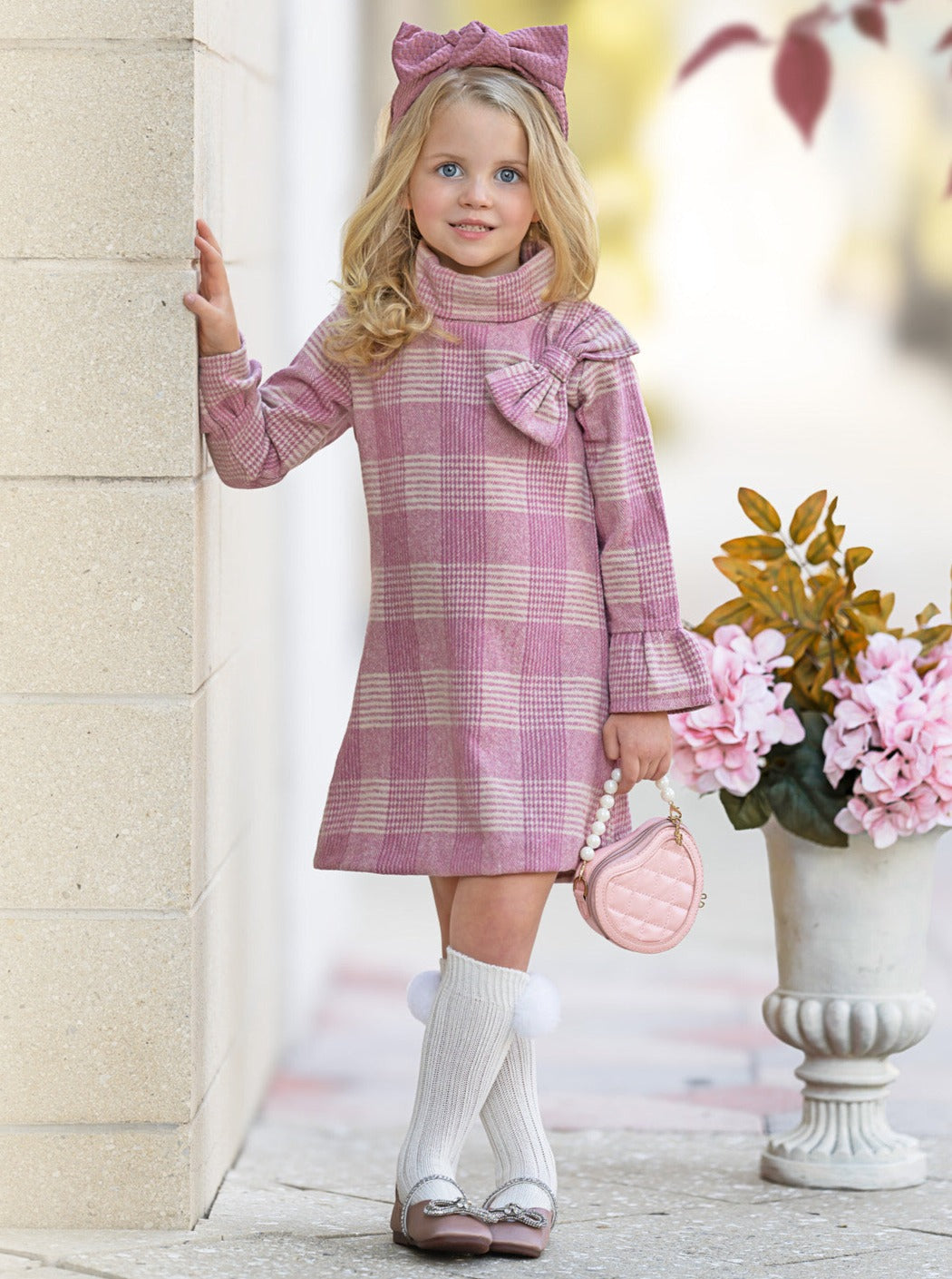 plaid dress pink Pearl Pink / 2T Features a faux button adeline midi dress // pink