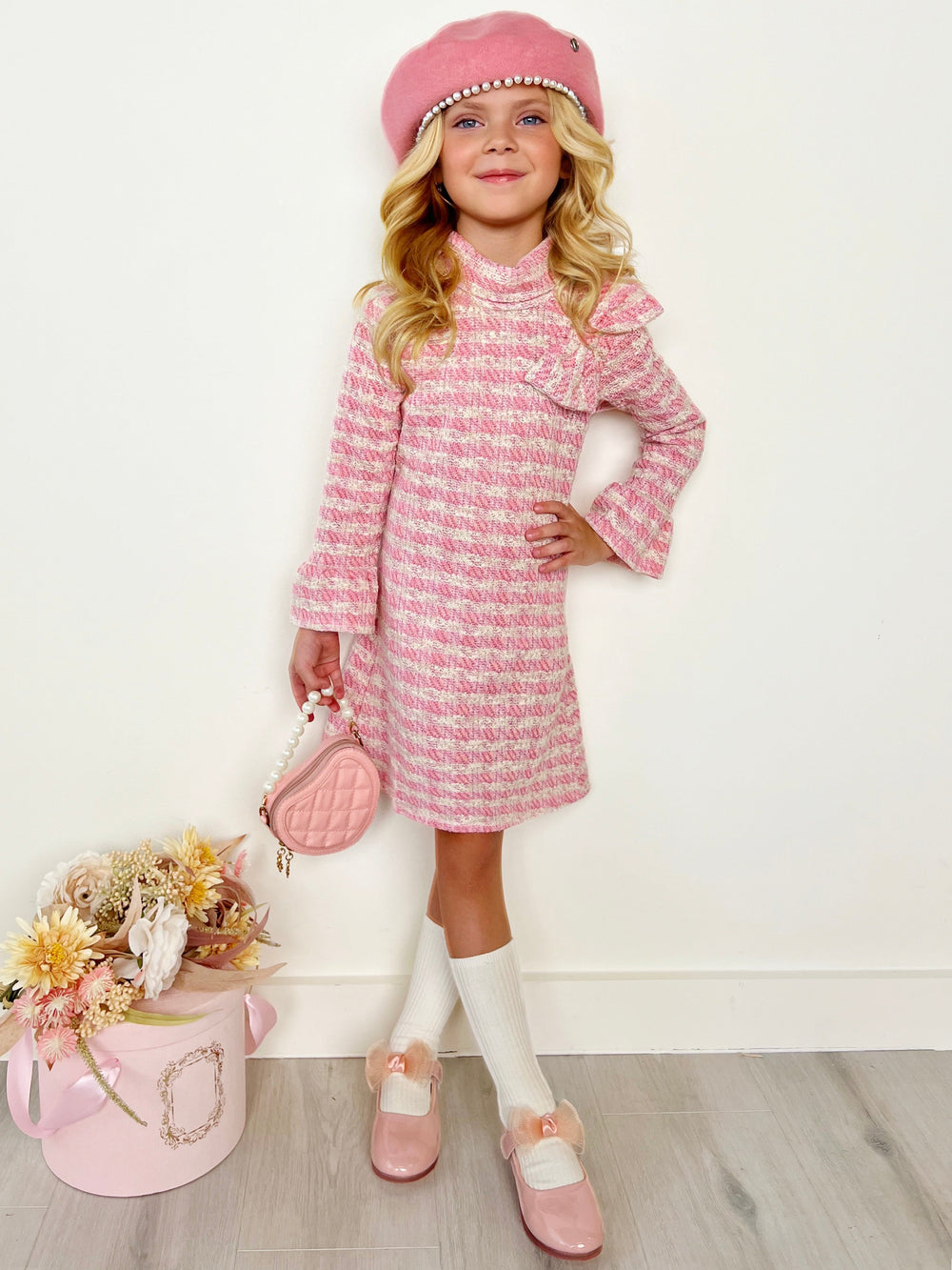 Charming Checked Tweed Pink with Accent Bow Dress Mia Belle Girls