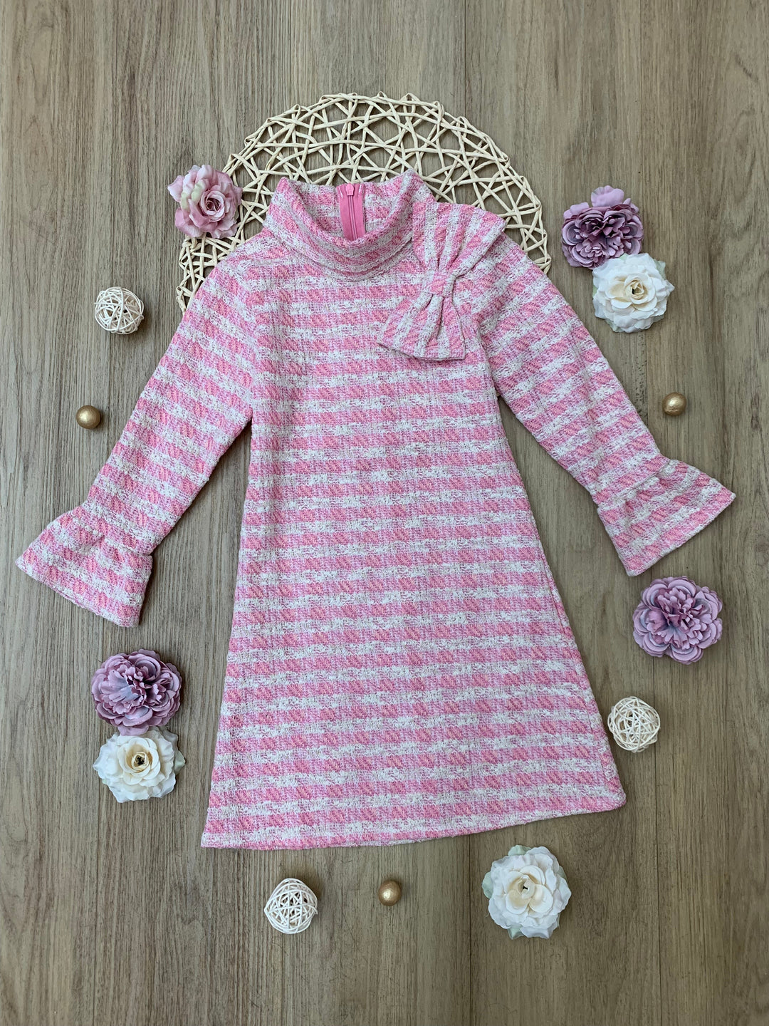 Charming Checked Tweed Pink with Accent Bow Dress Mia Belle Girls