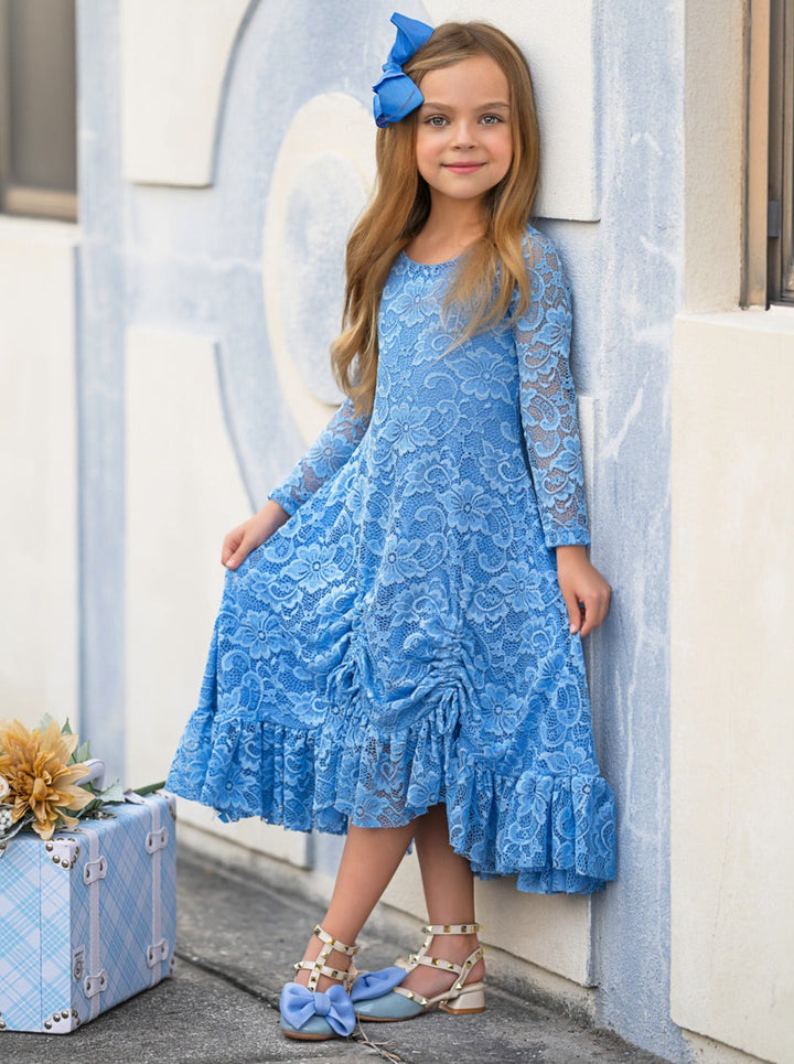 Blue Hi-Lo Drawstring Lace Ruffle Dress Mia Belle Girls