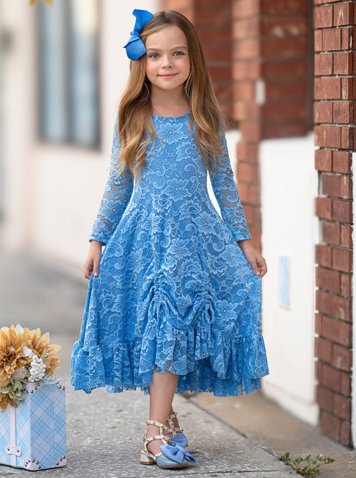 Blue Hi-Lo Drawstring Lace Ruffle Dress Mia Belle Girls