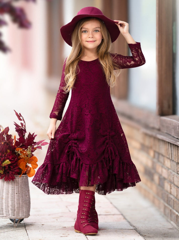 Burgundy Hi-Lo Drawstring Lace Ruffle Dress Mia Belle Girls