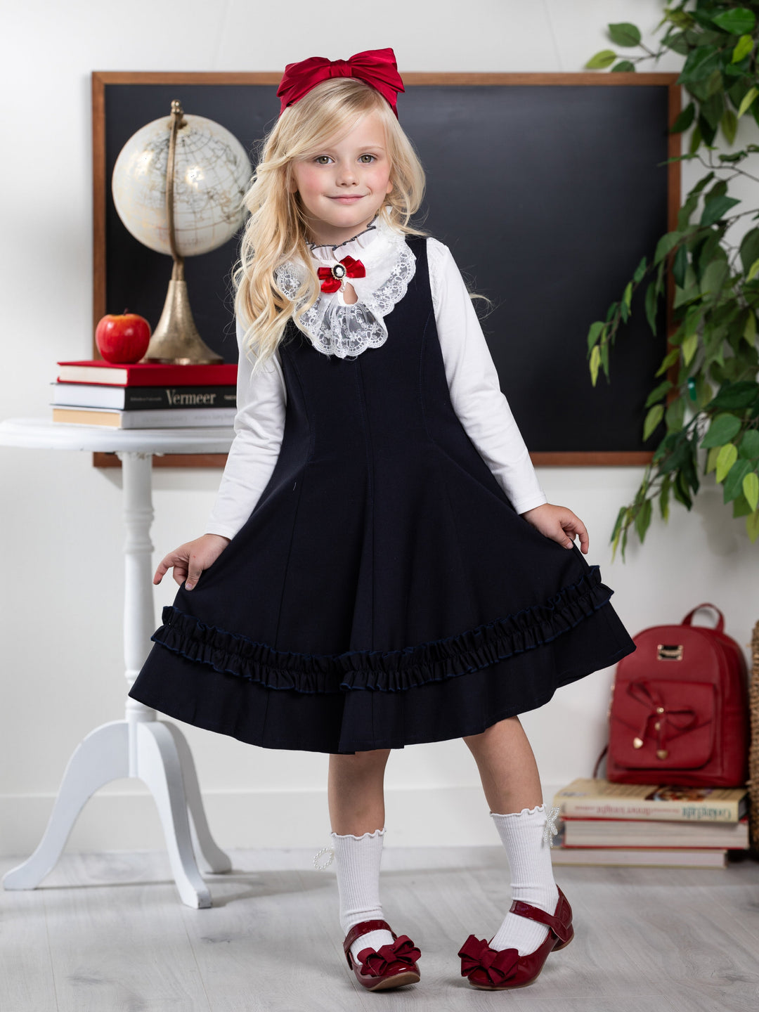 Classic Elegance Ruffle Front Navy Dress by Kids Couture Mia Belle Girls