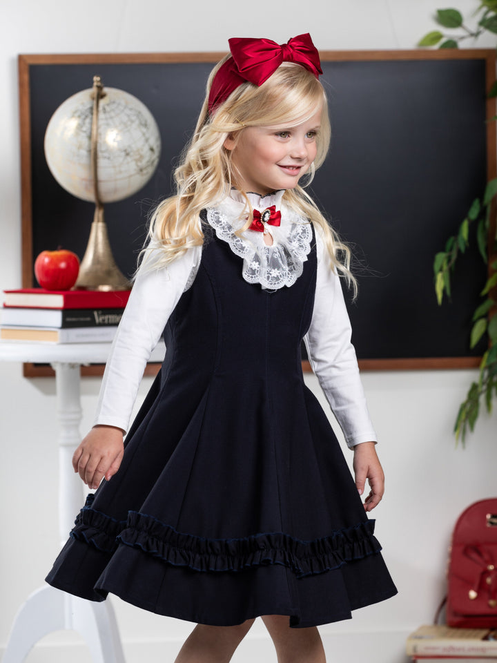 Classic Elegance Ruffle Front Navy Dress by Kids Couture Mia Belle Girls