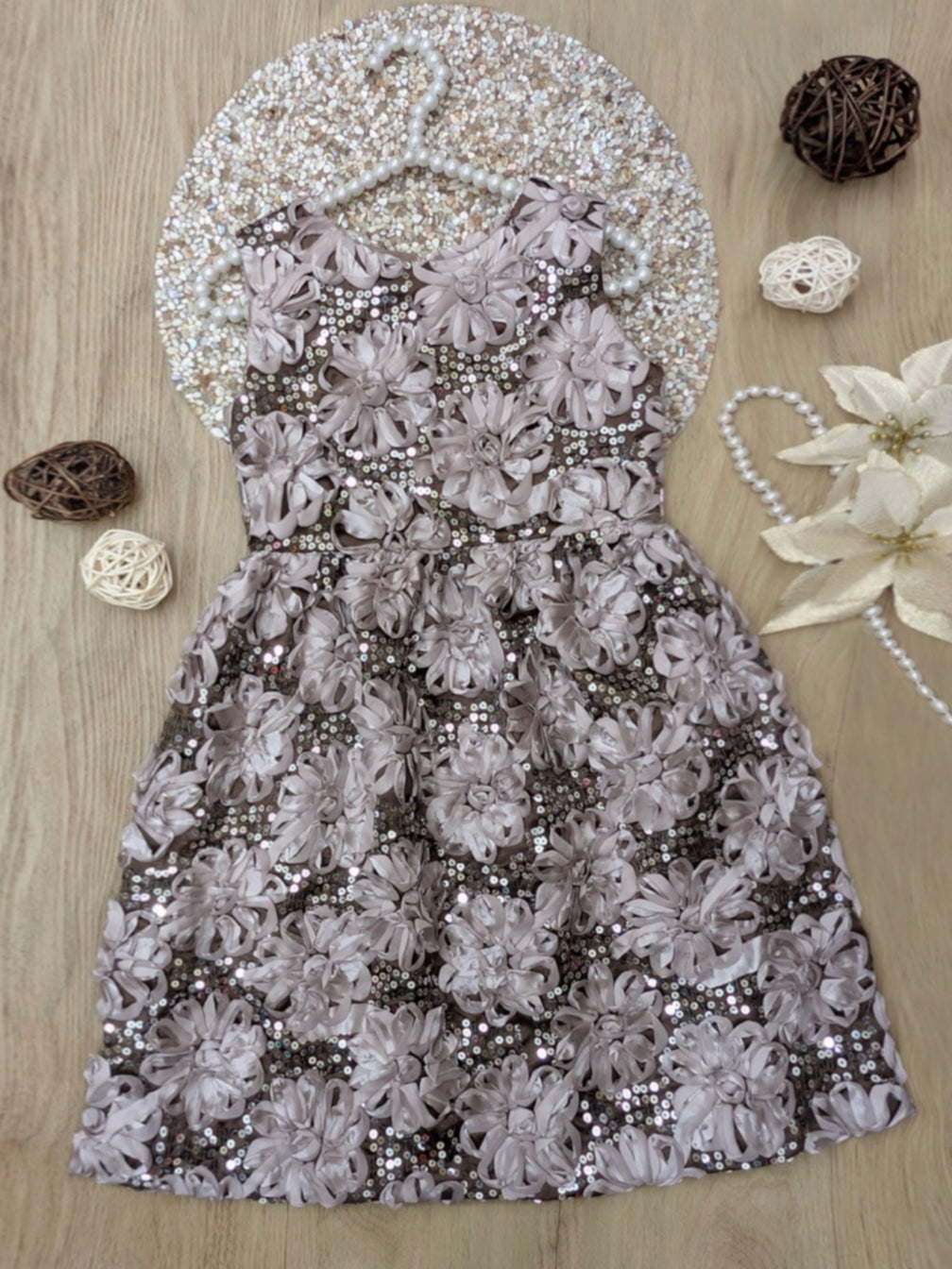 Taupe Bloom Sequin Flower Party Dress