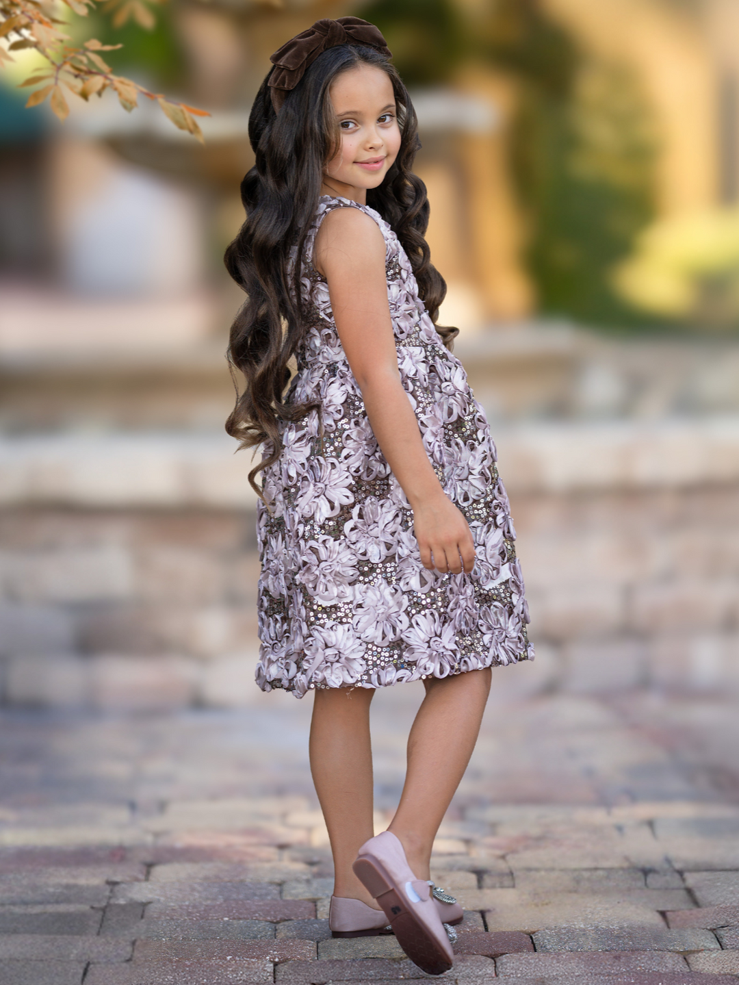 Taupe Bloom Sequin Flower Party Dress
