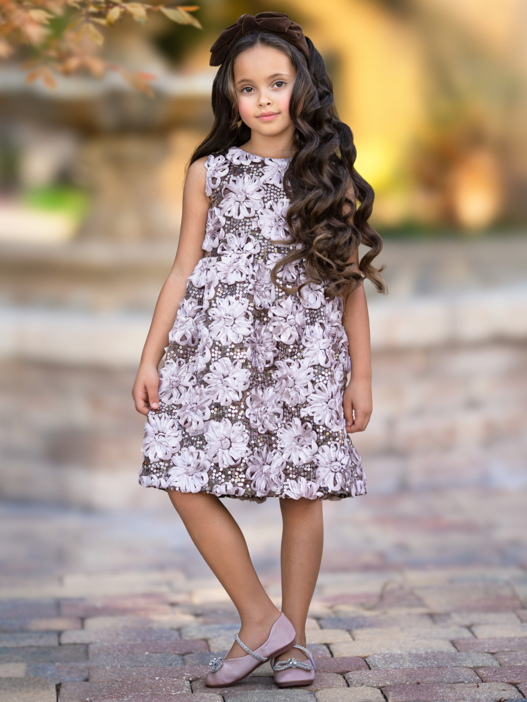 Taupe Bloom Sequin Flower Party Dress