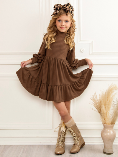 Brown Ribbed Long Sleeve Ruffle Dress – Mia Belle Girls