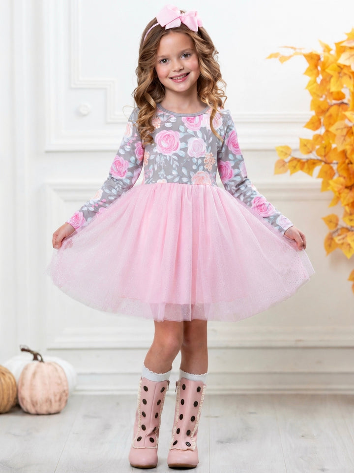 Girls floral twirl dress with blush pink tulle skirt.